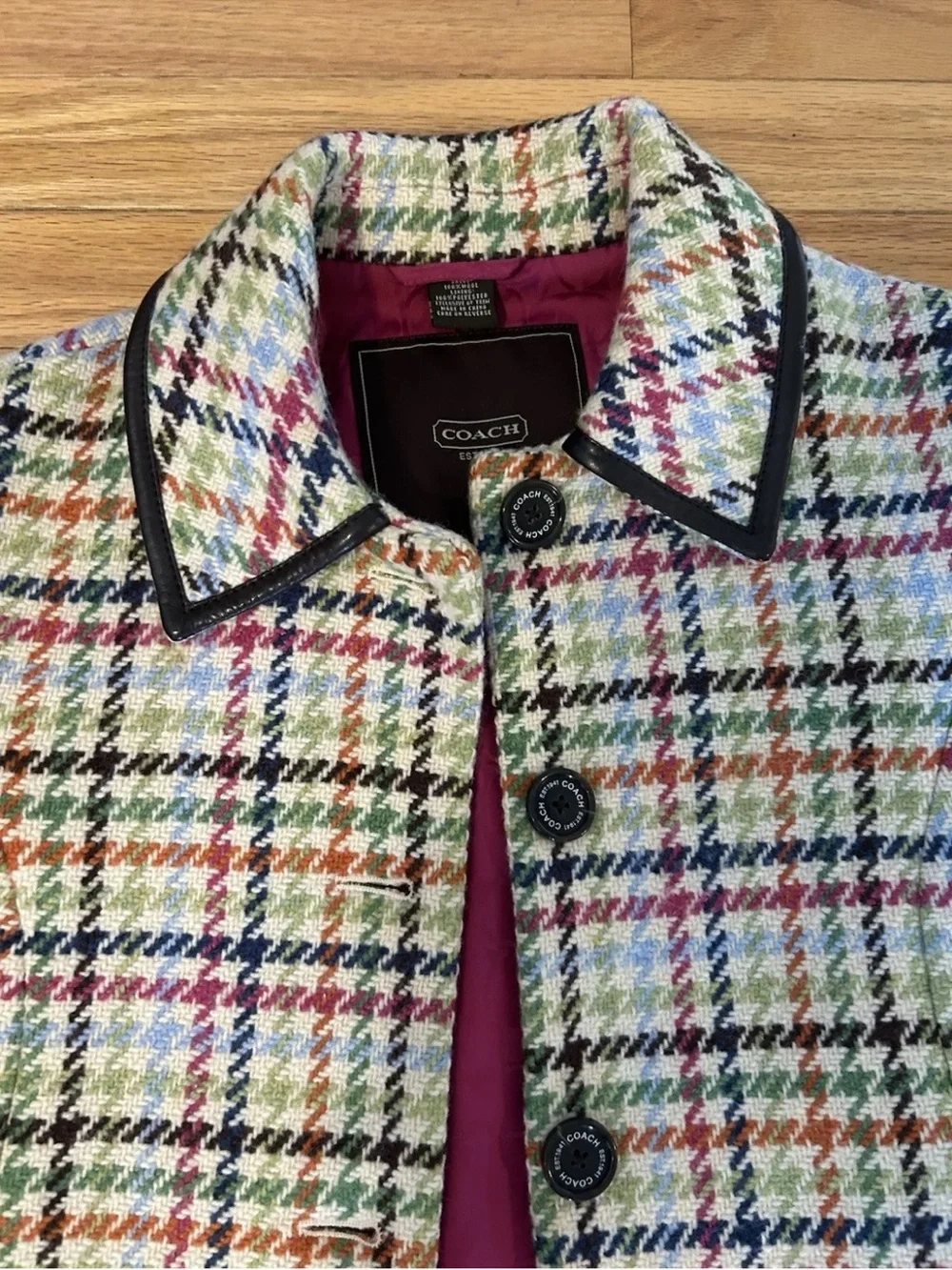 Coach Tattersall Hampton Tweed Plaid Rainbow Houndstooth Wool Pea Coat Jacket XS